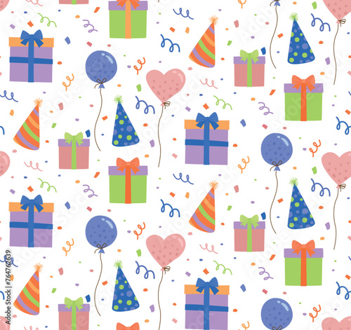 Fun colorful seamless pattern with gift boxes, party decoration, festive hats and balloons. Vector birthday background in flat style	