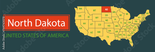 Banner, highlighting the boundaries of the state of North Dakota on the map of the United States of America. Vector map borders of the USA North Dakota state.