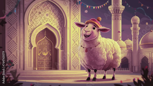 Captivating Eid al-Adha Illustration: Lifelike Sheep Gracing the Scenic Mosque photo