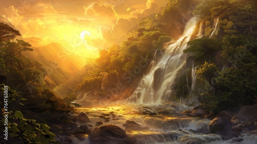 A painting depicting a cascading waterfall in the heart of a dense Asian forest. The water flows gracefully amidst the greenery  creating a serene atmosphere.