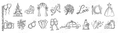 Hand Drawn Marriage Icons Set. Wedding elements collection. Wedding, bride, love, celebration. Timeline menu on wedding theme. Vector wedding  illustrations for invitations, greeting cards, posters