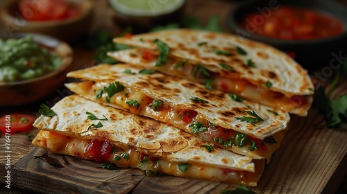 Savory Cheesy Quesadillas, Rustic Wooden Presentation, Side Salsa And Guacamole, Zesty Lime Wedges, Authentic Mexican Cuisine, AI Generated