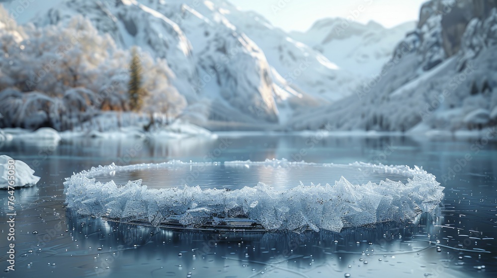 Fototapeta premium Capture the essence of winter chic with an Icy Blue Glass Podium against a Frozen Winter Landscape, perfect for showcasing fashion and skincare products.