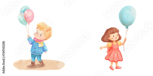 cute kid holding balloon watercolour vector illustration