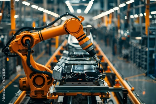 Robotic arm in orange at a giga factory assembling electric vehicle batteries to support green energy and achieve net zero carbon emissions by . Concept Green Energy, Giga Factory, Robotic Arm