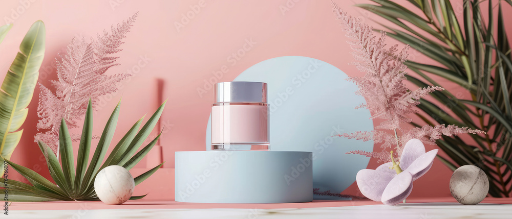 Pink pastel cosmetic mockup. Banner with cream jar, container, serum bottle, flowers and leaf.  Skin Care beauty concept. Showcase for product presentation. Ads background. Generative ai