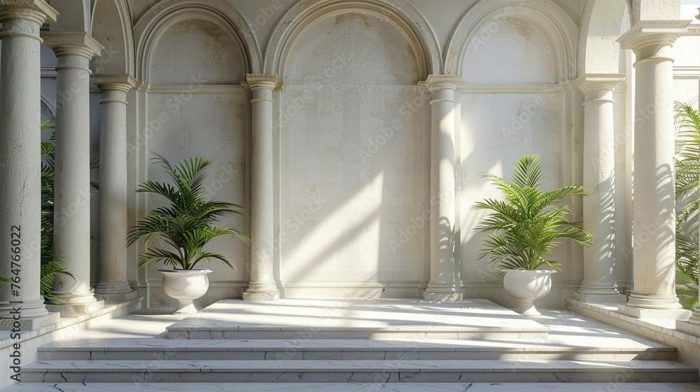 Enhance your classical art showcase with a Neoclassical White Stone Podium against a Renaissance Courtyard backdrop. Enhance your classical art showcase with a Neoclassical White Stone Podium against a Renaissance Courtyard backdrop.