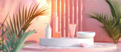 Pink pastel cosmetic mockup. Banner with cream jar, container, serum bottle, flowers and leaf.  Skin Care beauty concept. Showcase for product presentation. Ads background. Generative ai