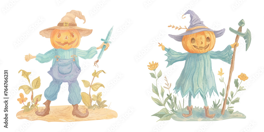 cute pumpkin head scarecrow holding dagger watercolour vector illustration