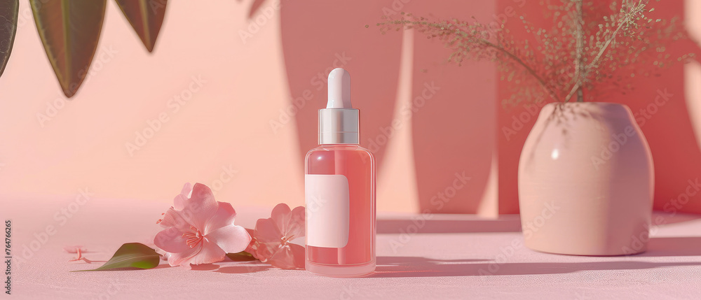 Pink pastel cosmetic mockup. Banner with cream jar, container, serum bottle, flowers and leaf. Skin Care beauty concept. Showcase for product presentation. Ads background. Generative ai Pink pastel cosmetic mockup. Banner with cream jar, container, serum bottle, flowers and leaf. Skin Care beauty concept. Showcase for product presentation. Ads background. Generative ai