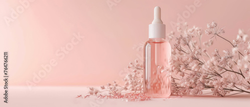 Pink pastel cosmetic mockup. Banner with cream jar, container, serum bottle, flowers and leaf.  Skin Care beauty concept. Showcase for product presentation. Ads background. Generative ai