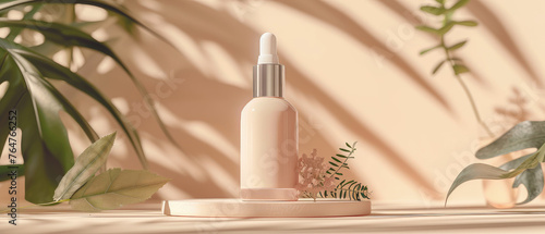 Beige natural pastel cosmetic mockup. Banner with cream jar, container, serum bottle, dry flowers and leaf. Shadows effect. Skin Care beauty concept. Showcase for product presentation. Generative ai