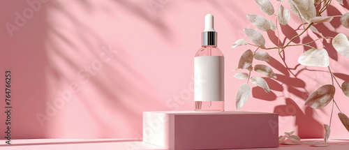 Pink pastel cosmetic mockup. Banner with cream jar, container, serum bottle, flowers and leaf.  Skin Care beauty concept. Showcase for product presentation. Ads background. Generative ai