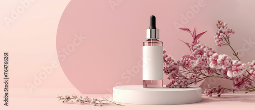 Pink pastel cosmetic mockup. Banner with cream jar, container, serum bottle, flowers and leaf.  Skin Care beauty concept. Showcase for product presentation. Ads background. Generative ai