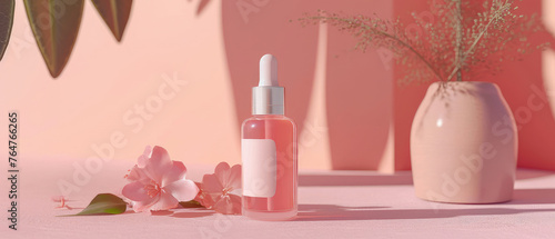 Pink pastel cosmetic mockup. Banner with cream jar, container, serum bottle, flowers and leaf.  Skin Care beauty concept. Showcase for product presentation. Ads background. Generative ai