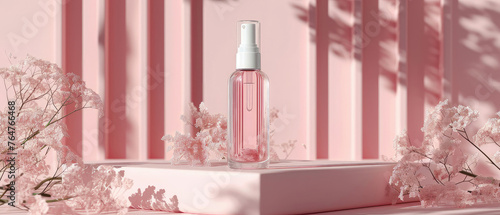 Pink pastel cosmetic mockup. Banner with cream jar, container, serum bottle, flowers and leaf.  Skin Care beauty concept. Showcase for product presentation. Ads background. Generative ai
