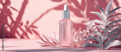 Pink pastel cosmetic mockup. Banner with cream jar, container, serum bottle, flowers and leaf.  Skin Care beauty concept. Showcase for product presentation. Ads background. Generative ai