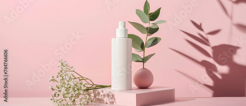 Pink pastel cosmetic mockup. Banner with cream jar, container, serum bottle, flowers and leaf.  Skin Care beauty concept. Showcase for product presentation. Ads background. Generative ai
