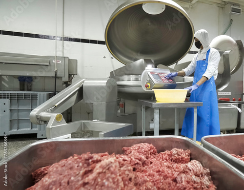 Minced meat, preparation of minced meat at meat processing plant.