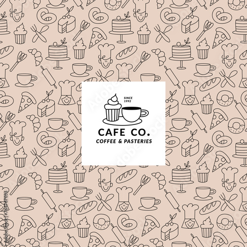 Vector set of design templates and elements for bakery packaging in trendy sketch linear style. Hand drawn doodles elements with design label. Seamless patterns