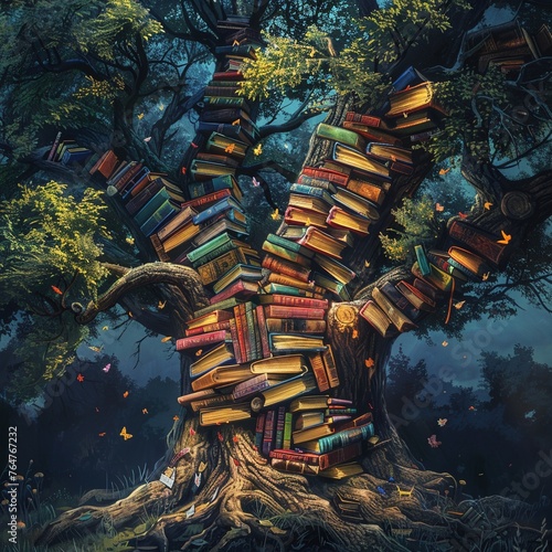 Magical tree of literature colorful book spines low angle fairy tale ambiance
