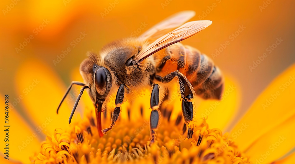 bee (apis mellifera) on helenium flowers - close up. orange background bee (apis mellifera) on helenium flowers - close up. orange background
