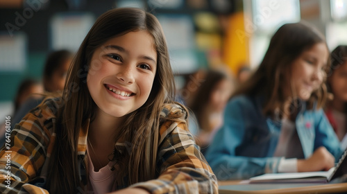 Kids in a school with happy grins.