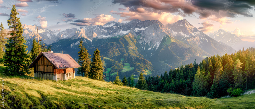 Fototapeta premium Majestic Peaks A Panoramic Mountain Display of Nature's Grandeur at Dusk Wallpaper Background Digital Art Poster