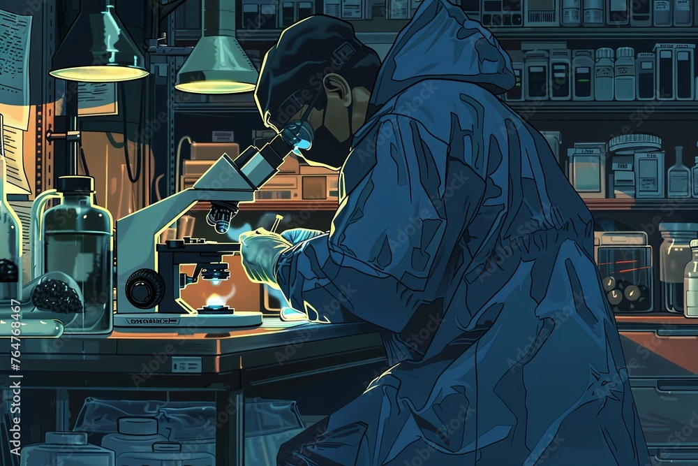 A man in a lab coat meticulously examines cells through a microscope in a laboratory setting. Generative AI