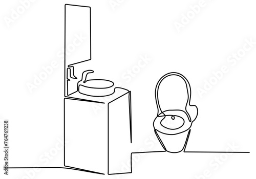 Continuous one line drawing of toilet bowl and toilet brush vector illustration. WC black line sketch isolated on white background.