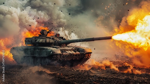 A tank is shown in the midst of battle, fiercely firing its main gun with a massive burst of flames engulfing its surroundings.