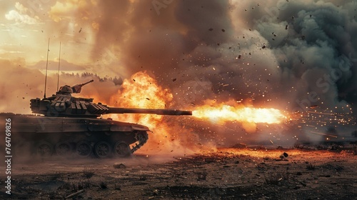 A tank is shown aggressively firing its main gun, producing an intense amount of fire and smoke. The scene is chaotic and dangerous as the tank unleashes its firepower.