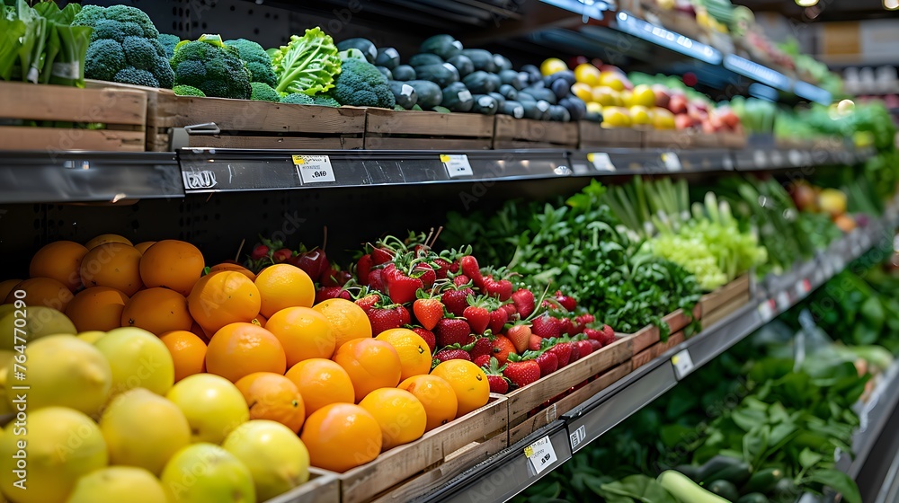 Fresh fruits and vegetables on supermarket shelves