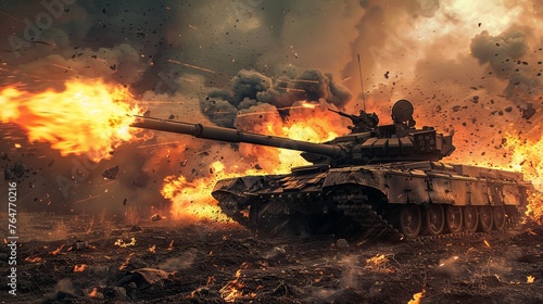 A tank ablaze in the middle of a field  flames reaching high as it fires its main gun in a dramatic scene of destruction and chaos.