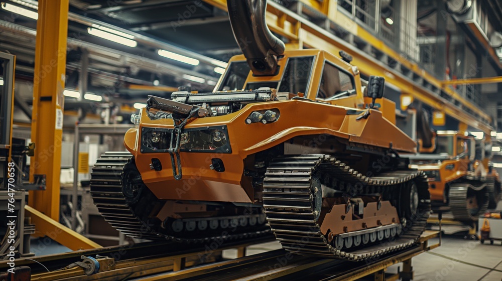Orange tracked vehicle at a production line in an industrial plant.