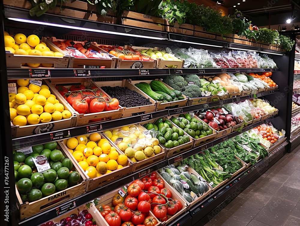 Obraz premium Fresh fruits and vegetables on supermarket shelves