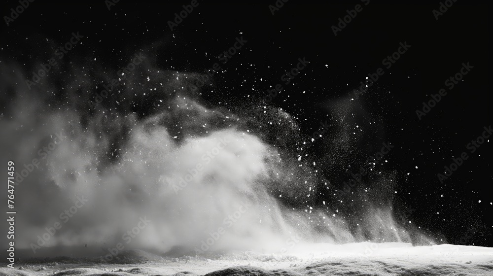 A high-contrast image capturing an intense burst of white powder, creating a dramatic and dynamic texture against a stark black backdrop.