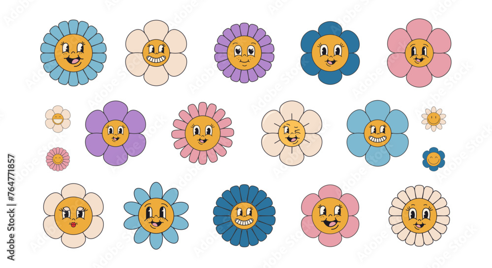Groovy flower sticker set in trendy retro psychedelic style. Funny flowers characters with faces. Vector illustration isolated on a white background. Groovy flower sticker set in trendy retro psychedelic style. Funny flowers characters with faces. Vector illustration isolated on a white background.