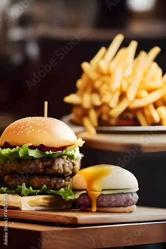 Close up of hamburger and french fries on wooden board in restaurant
