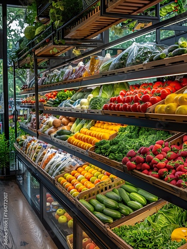 Fresh fruits and vegetables on supermarket shelves