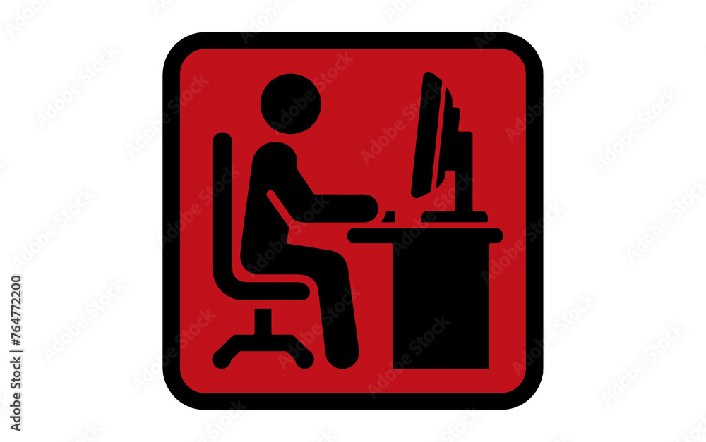 Person working at computer icon sign. Person at computer icon. Office job icon sign. red. Person working at computer icon sign. Person at computer icon. Office job icon sign. red.