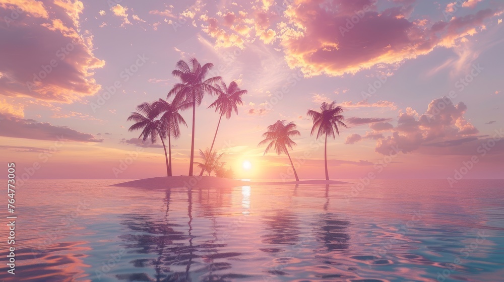 The sun setting behind palm trees on a desert island, casting golden light on the water. The silhouette of palm trees is reflected in the calm ocean.