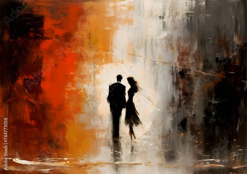 Young couple in love on abstract watercolor background. Digital painting.