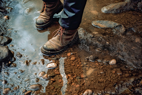 Hiking Boots Stepping Through Shallow Creek