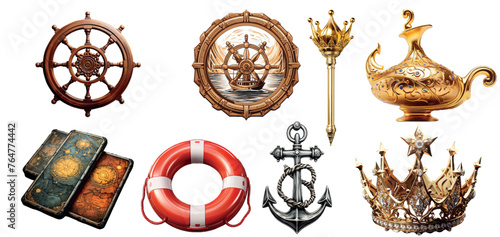 Collection of Nautical and Royal Elements Including Ship Wheel, Anchor, Crown, and More for Diverse Design