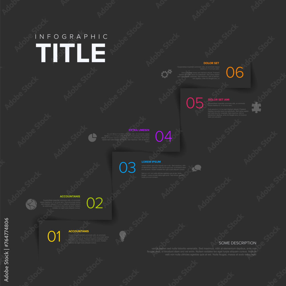 Infogrpahic dark square stairs steps diagram template with six step elements Infogrpahic dark square stairs steps diagram template with six step elements