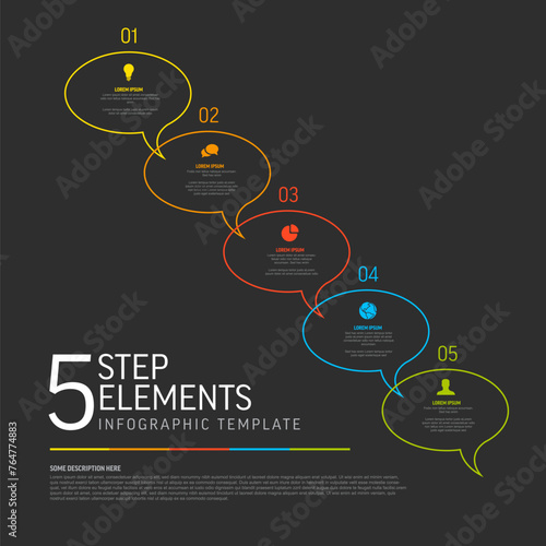 Five thin line simple colorful dark steps in speech bubbles diagonal process infographic template