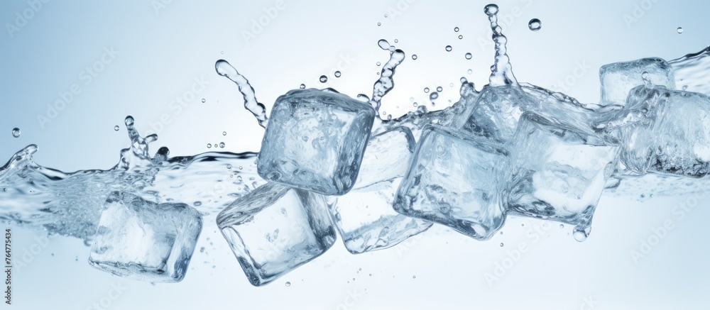 Ice cubes in a glass of water creating a refreshing splash, isolated on a white background Ice cubes in a glass of water creating a refreshing splash, isolated on a white background