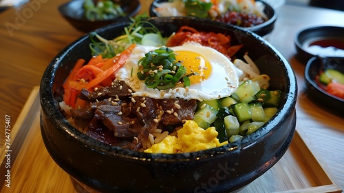Colorful and Flavorful Korean Bibimbap Rice Bowl with Meat and Fried Egg on Wooden Table