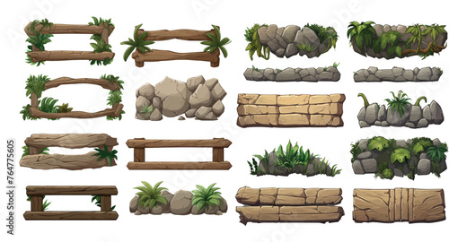 Variety of Detailed Vector Game Assets Including Wooden Frames, Stone Blocks, and Nature Elements for Game © Zaleman